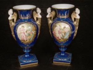 Pair Dresden Porcelain Vases Bisque Angels Urn Pair Dresden Porcelain Vases Bisque Angels Urn