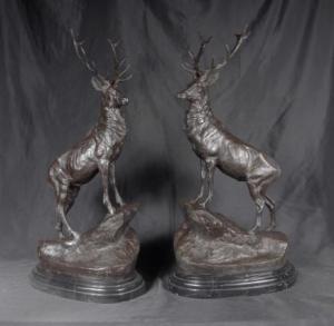 PAIR FRENCH BRONZE STAGS SIGNED MOIGNIEZ STAG MOOSE ELK