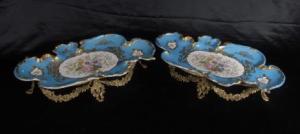 PAIR FRENCH SEVRES PORCELAIN PLATES ORMOLU STANDS DISH