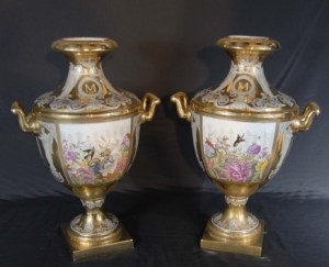 PAIR FRENCH SEVRES HAND PAINTED FLORAL VASES URNS