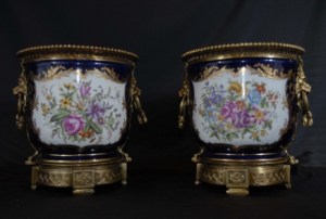 PAIR GERMAN DRESDEN PORCELAIN FLORAL CACHE POTS PLANTERS