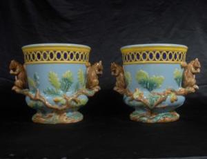 Pair English Majolica Pottery Squirrel Pots Planters Minton