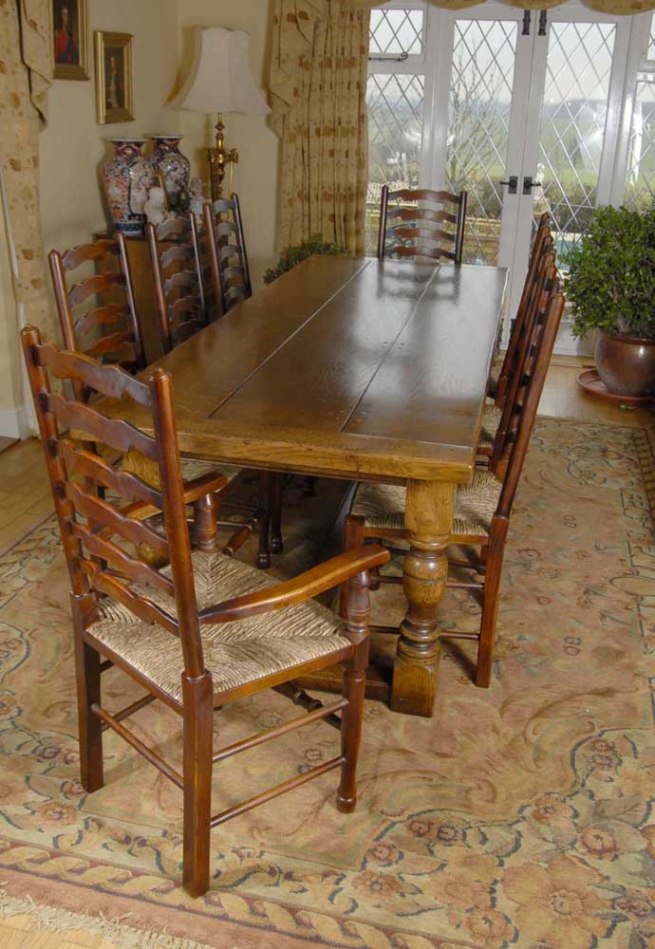 English Farmhouse Refectory Table & 8 Ladderback Chairs