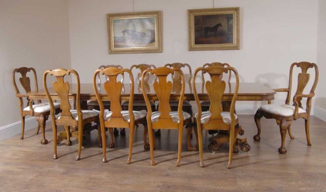 English Georgian Walnut Dining Table & 10 Queen Anne Chairs