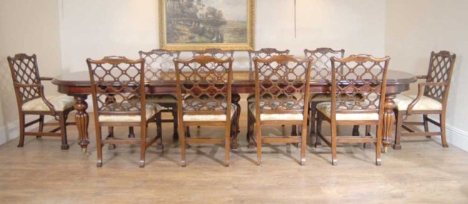English Victorian Dining Table & Set 10 Chippendale Chairs