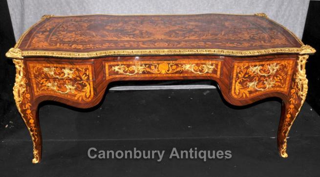 French Louis XVI Bureau Plat Desk Writing Table Marquetry Inlay