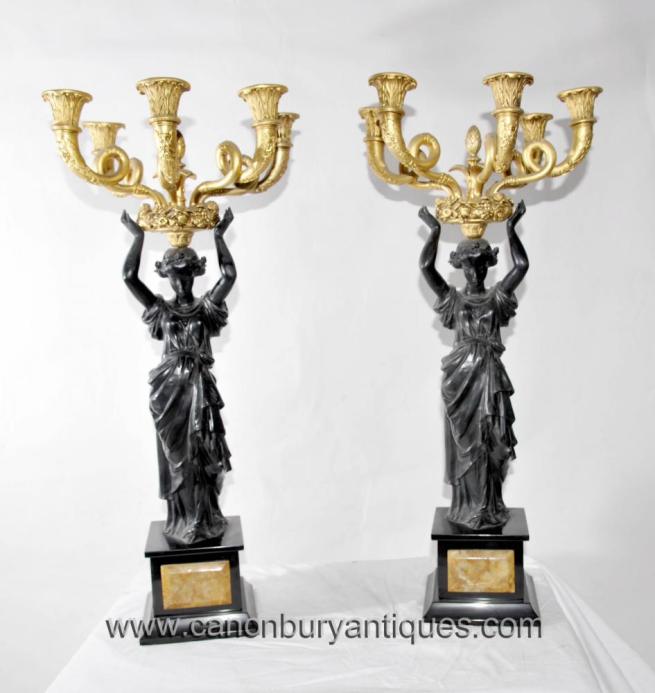 Pair Antique French Empire Maiden Candelabras Candles