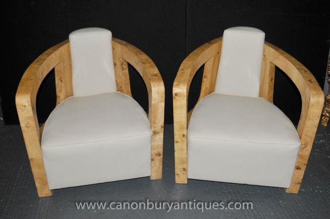 Pair Art Deco Club Chairs Arm Chair Vintage Blonde Walnut
