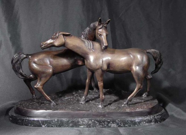 Pair French Bronze Horses Pony Signed Barye