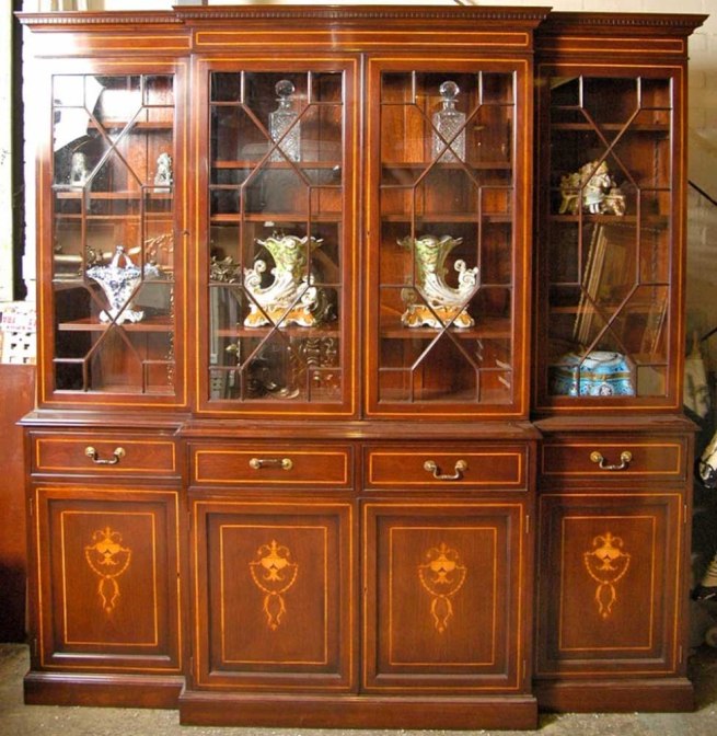 Regency Sheraton Breakfront Bookcase Mahogany Inlay