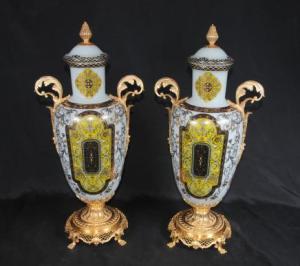 French Empire Opaline Painted Glass Vases Urns