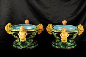 Pair Majolica Rams Head Planters Pots Pottery Porcelain
