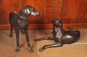Pair Bronze Lifeize English Pointer Dog Statues Dogs