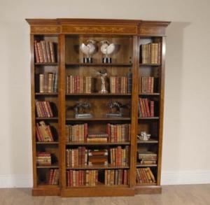 English Walnut Breakfront Bookcase Sheraton Regency
