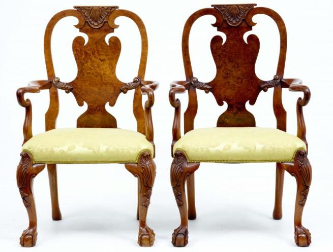Pair Antique Queen Anne Walnut Dining Chairs Armchairs Chair