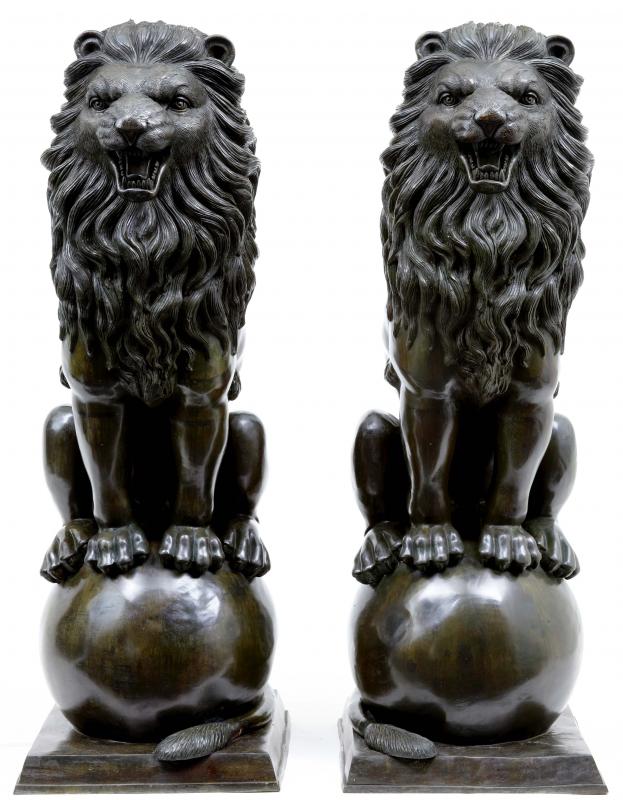 Pair 5ft Bronze Lion Gatekeepers Lions Cats Statue