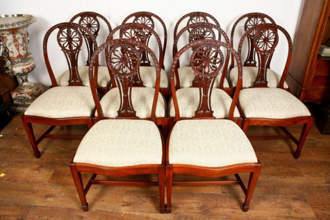 10 Mahogany Hepplewhite Dining Chairs Carved Wheel Back