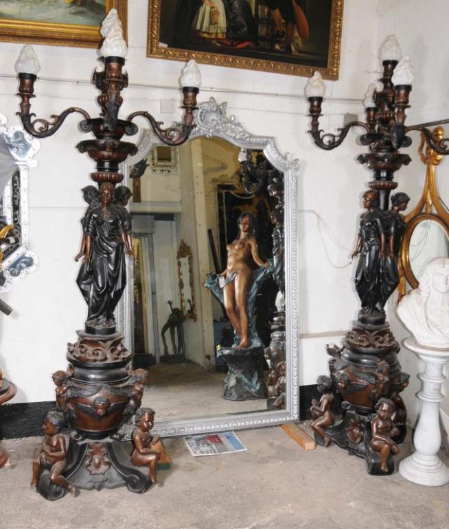 Pair XL Bronze Maiden Lamps Lights Candelabras