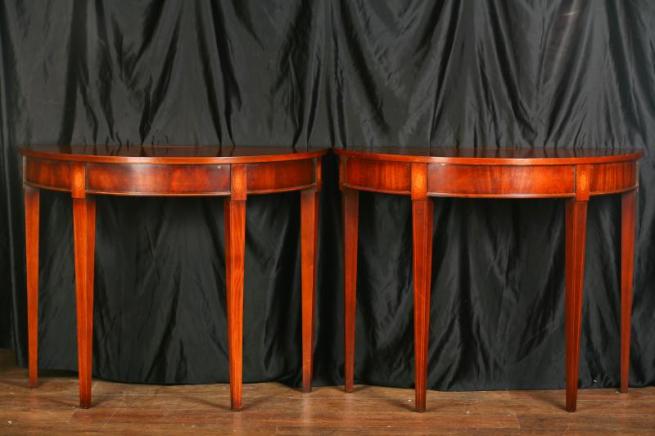 Pair Sheraton Demi Lune Console Tables Hall Table 