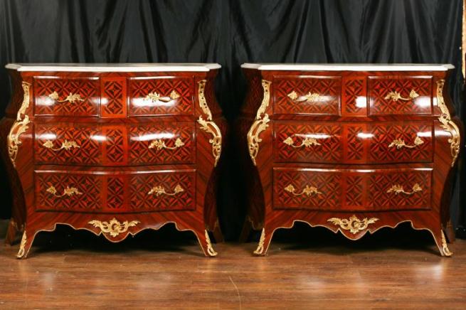 Pair Louis XV Bombe Commodes Chest Drawers Parquetry Inlay