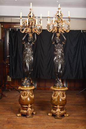 Pair XL Bronze Female Figurine Candelabras Lights Torcheres Lamps 2.5 Metres