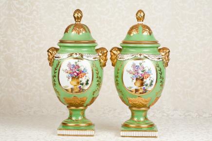 Pair Sevres Porcelain Floral Vases Urns Paris Pottery Grotesques