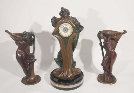 French Art Nouveau Clock Vase Set by Flora Urns Figurine
