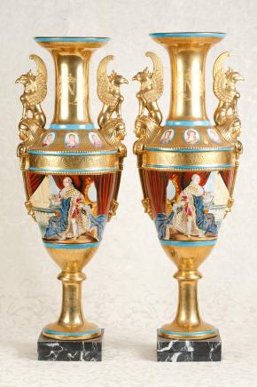 Sevres Vases Urns Porcelain Griffin Marble Base French Amphora