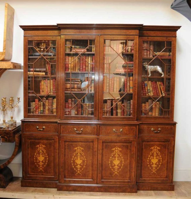 Regency Breakfront Bookcase Burr Walnut Sheraton Book Case