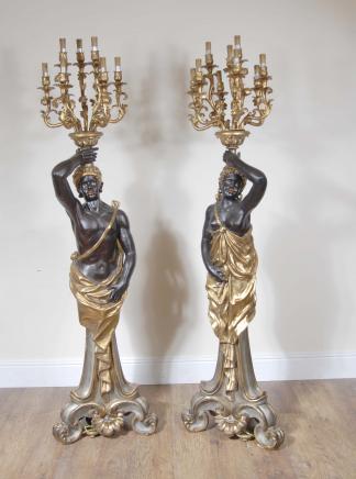 7 Ft Italian Blackamoor Catyrids Candelabras Statue Moors