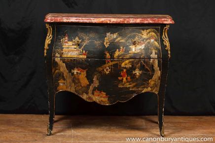 Antique Black Lacquer Bombe Commode Chinoiserie Chest Drawers