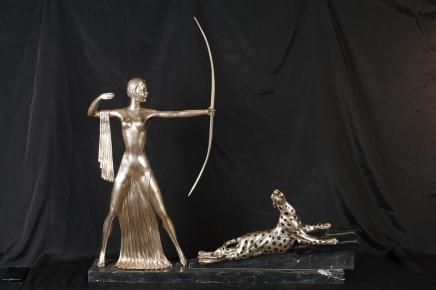 Bronze Art Deco Diana Huntress Archer Figurine Leopard Cat Statue Casting