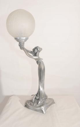 Bronze Art Nouveau Lamp Table Light Female Figurine Statue