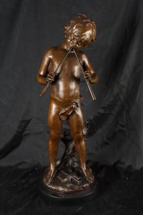 Bronze Pan Piper Boy Statue Signed Moreau French