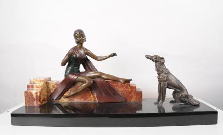 French Art Nouveau Bronze Figurine and Borzoi Dog Statue French Art Nouveau Bronze Figurine and Borzoi Dog Statue