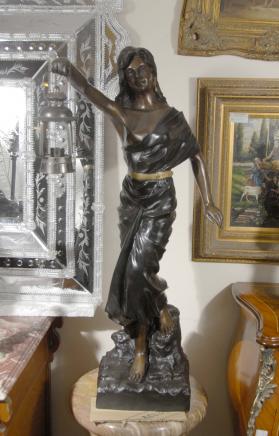 French Art Nouveau Bronze Lantern Girl Lamp Light Figurine French Art Nouveau Bronze Lantern Girl Lamp Light Figurine