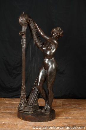 French Bronze Female Nude Harpist Statue Figurine Harp