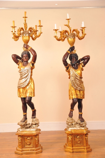 PAIR 7 FT ITALIAN BLACKAMOOR CANDELABRAS TORCHERES CANDLE