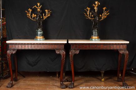 Pair Antique Mahogany Chippendale Console Tables Marble Topped Furniture