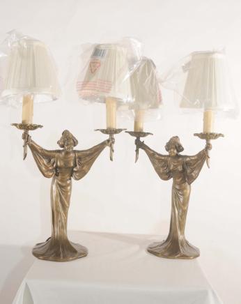 Pair Art Nouveau French Bronze Figurine Table Lamps Lights