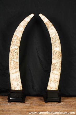 Pair Bone Hand Carved Tusks Notivory Hand Carved Chinese
