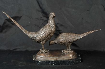 Pair Bronze Pheasants English Bird Sculpture Casting Statue