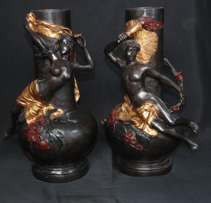 Pair French Bronze Art Nouveua Jugs Urns Vases