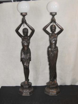 Pair French Bronze Female Figurine Lamps Torcheres Semi Nude
