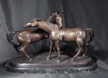 Pair French Bronze Horses Pony Signed Barye