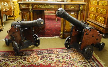 Pair French Bronze Wood Cannons Canon Gun Military