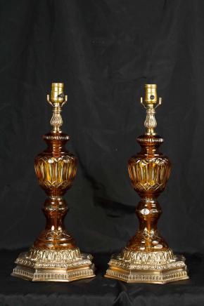 Pair French Cut Glass Table Lamps Lights Ormolu Base Opaline