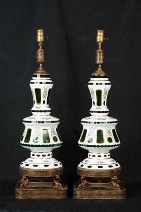 Pair French Porcelain Glass Overlay Table Lamps Hand Painted