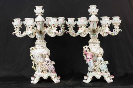 Pair French Sevres Porcelain Candelabras Candles Cherub 