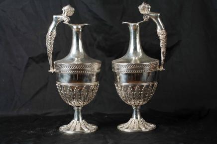 Pair George II Silver Plate Jugs Ewers Vases